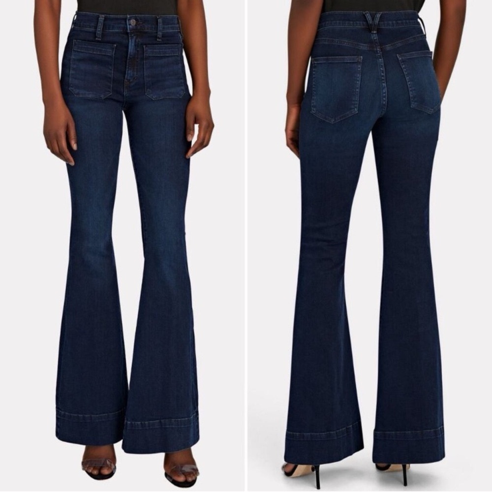 Veronica Beard Sheridan High Rise Patch Pocket Bell Bottom Flared Jean Dark Wash